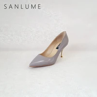sanlume women sexy genuine leather high heels basic model pumps lady pointed toe pink nude wedding shoes inside sheepskin