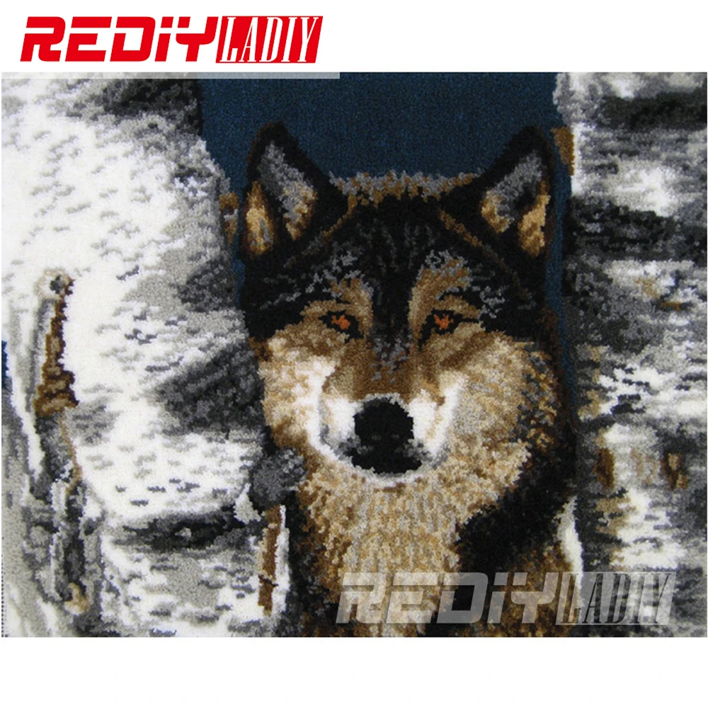 

REDIY LADIY Latch Hook Rug Crocheting Cushion Wall Tapestry Pre-Printed Canvas Yarn Embroidery Mat Single Wolf Carpet 110x87cm