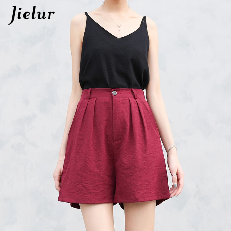 Jielur Summer Wide Leg Shorts Women Beach Hot Loose Young Simple Short High Waist Solid Color Pocket Casual Spodenki Damskie | Женская