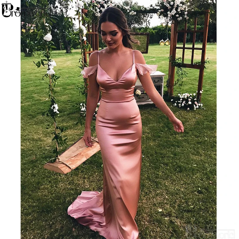 Blush Pink Sexy Evening Dresses Mermaid Evening Gown Satin V Neck Spaghetti Straps Simple Long Formal Party Prom Dress