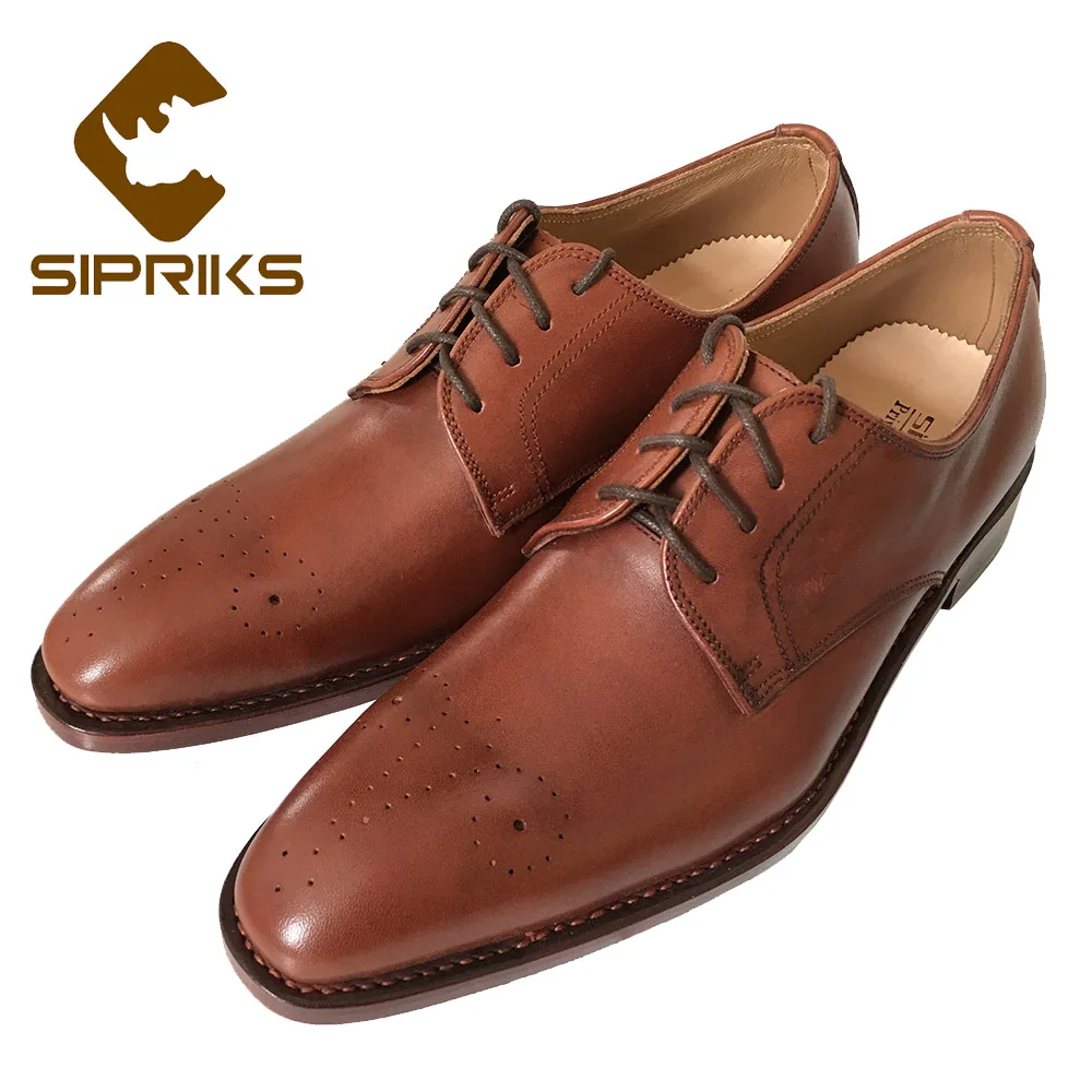 

Sipriks Mens Brown Leather Dress Shoes Italian Bespoke Goodyear Welted Shoes Hand Painted Tan Medallion Formal Derby Shoes cie