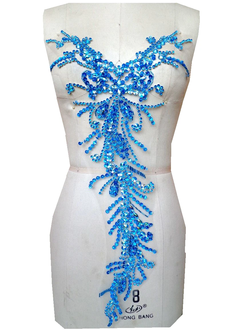 

Pure hand made sky blue sew on Rhinestones applique crystals patches 58*28cm dress accessory