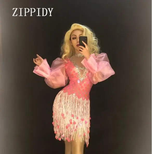 

Розовое платье с блестками, стразы, с кисточками, сетчатые рукава, женское платье для дня рождения, праздника, ночного клуба, женское платье ...