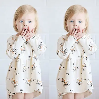 Toddler Baby Girls Dress Princess Cute Glasses Fox Casual Party Round Neck Beige Yellow Long Sleeve Autumn Dresses Clothes | Детская