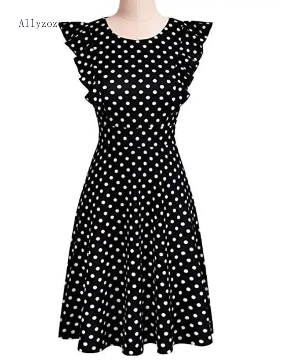 Allyzozo Women Summer Dot Print Ruffles Sleeve Dresses Streetwear High Waist A-line Vestidos | Женская одежда