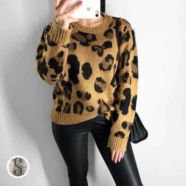 Кашемировый свитер с леопардовым принтом Женский пуловер мохеровый Корейские