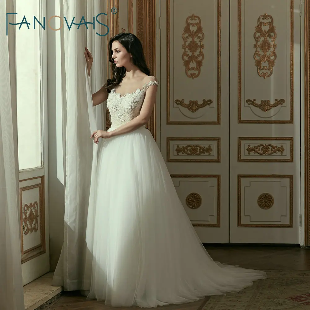 2019 Тюль Свадебное Платье С Короткими Рукавами Бусины Свадебные Платья Robe De Mariage