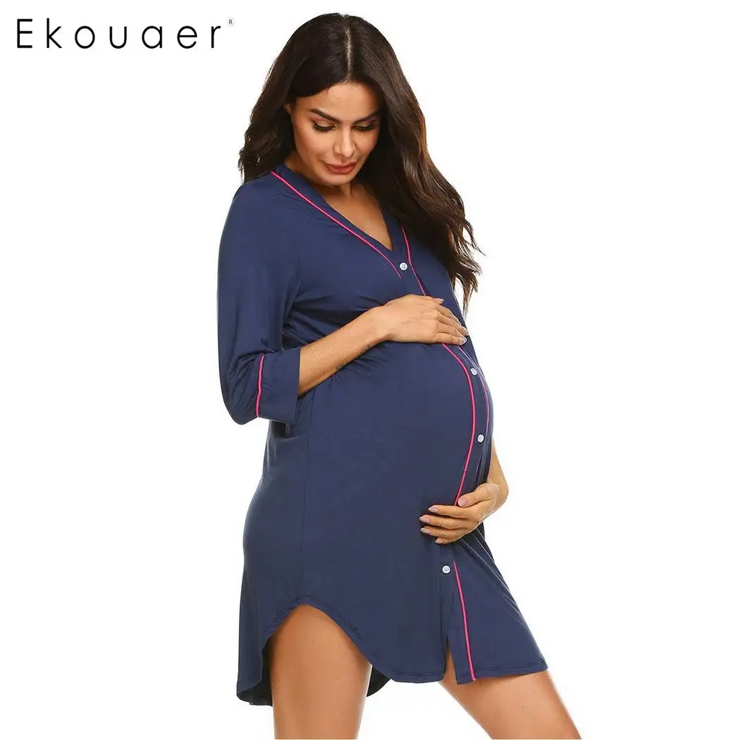 Navy Blue Ekouaer, женская повседневная одежда для сна, летнее платье, одежда для сна, однотонное, v-образный вырез, кнопка, свободное, ночное платье, Женская сорочка, ночная рубашка - Цвет: Navy Blue