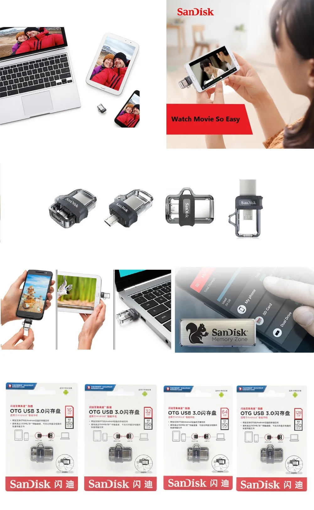 SanDisk USB флеш-накопитель 16 ГБ 32 ГБ 64 Гб 128 Гб OTG USB флеш-накопитель 3,0 двойной мини-накопитель memoria usb флеш-накопитель cle usb bellek