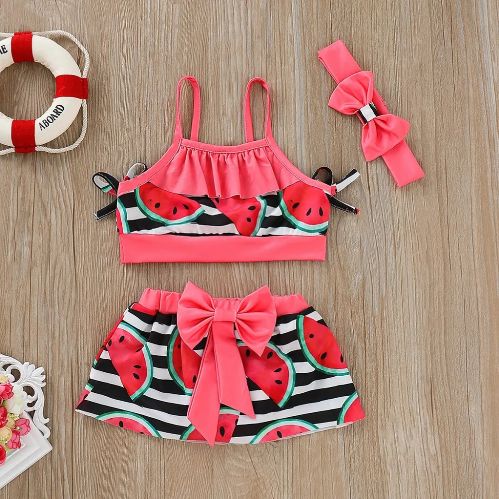 swimsuit kids girl Cotton Two piece Swimsuit bathing suit Bikini Suspender Tops Skirt Headbands set L0520 | Детская одежда и обувь