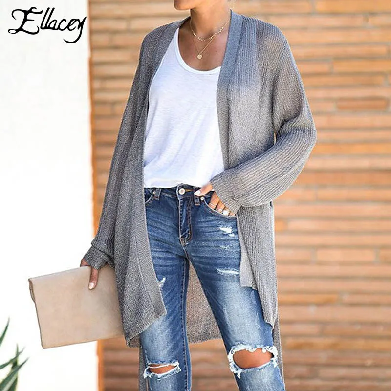 Ellacey 2019 Autumn Winter Knitting Women Sweaters Cardigan Casual Loose Gray Knitted Coat Open Stitch Long |