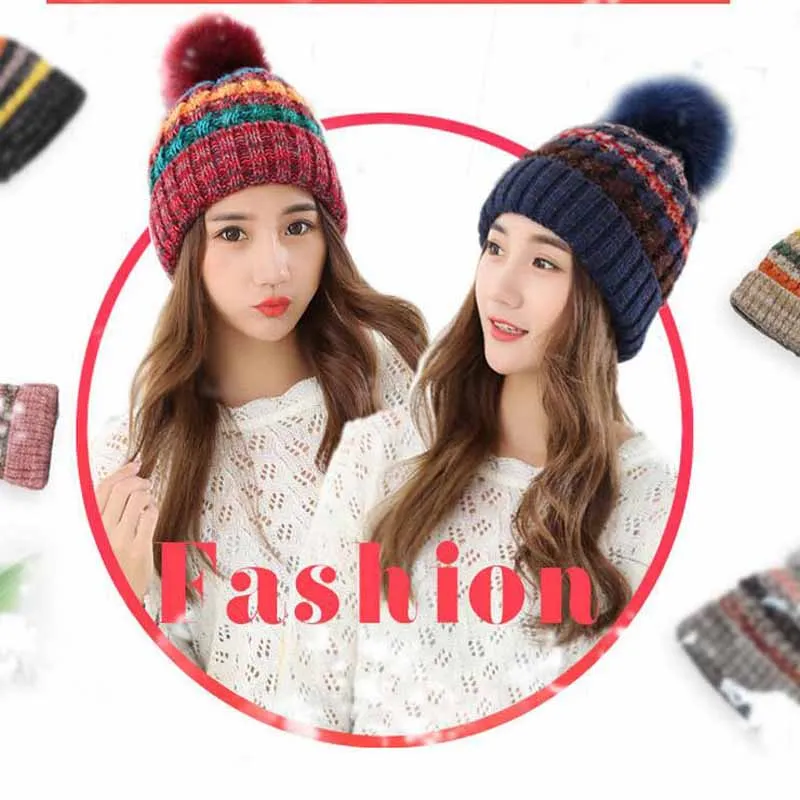 

2018 Female Winter Hat Knitted Hats Women Beanie Knitted Cap Interwoven Pattern Women Beanies Warm Bonnet Nagymaros Ballbone