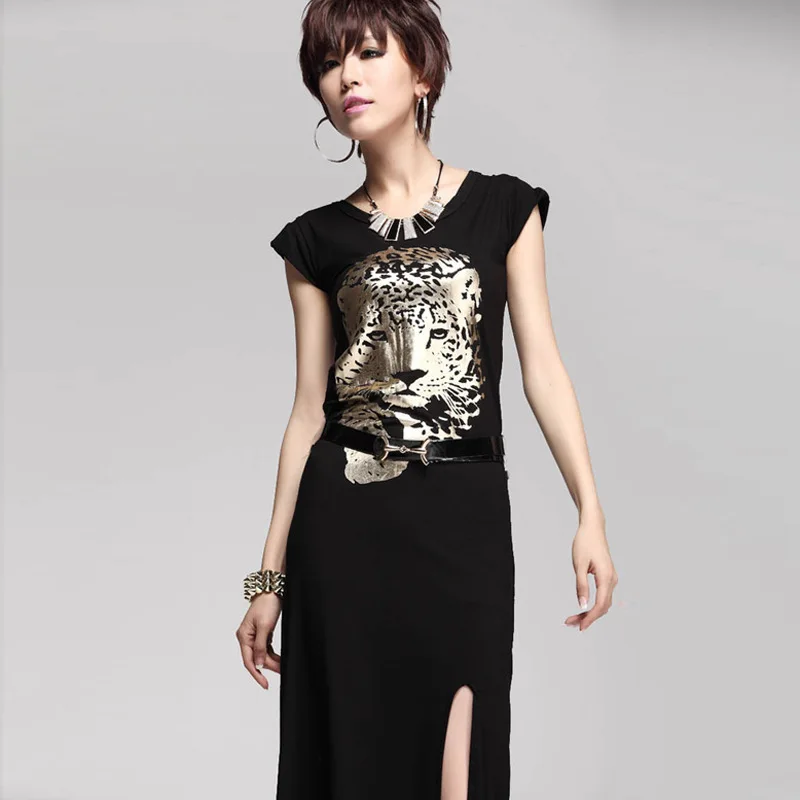free shipping Women Spring 2014 Summer Black print golden leopard cotton Women's mid-calf Sexy long party Casual Dress Vestidos | Женская
