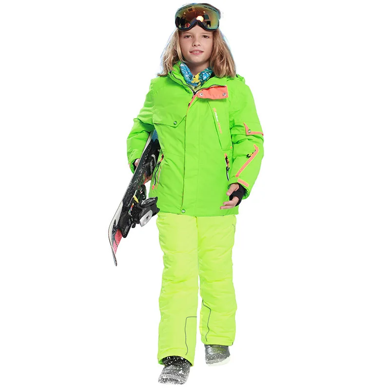 Fluorescent Yellow Комплект зимней верхней одежды для детей, ветрозащитная лыжная куртка+ штаны, детские зимние комплекты, теплый лыжный костюм для мальчиков и девочек - Цвет: Fluorescent Yellow