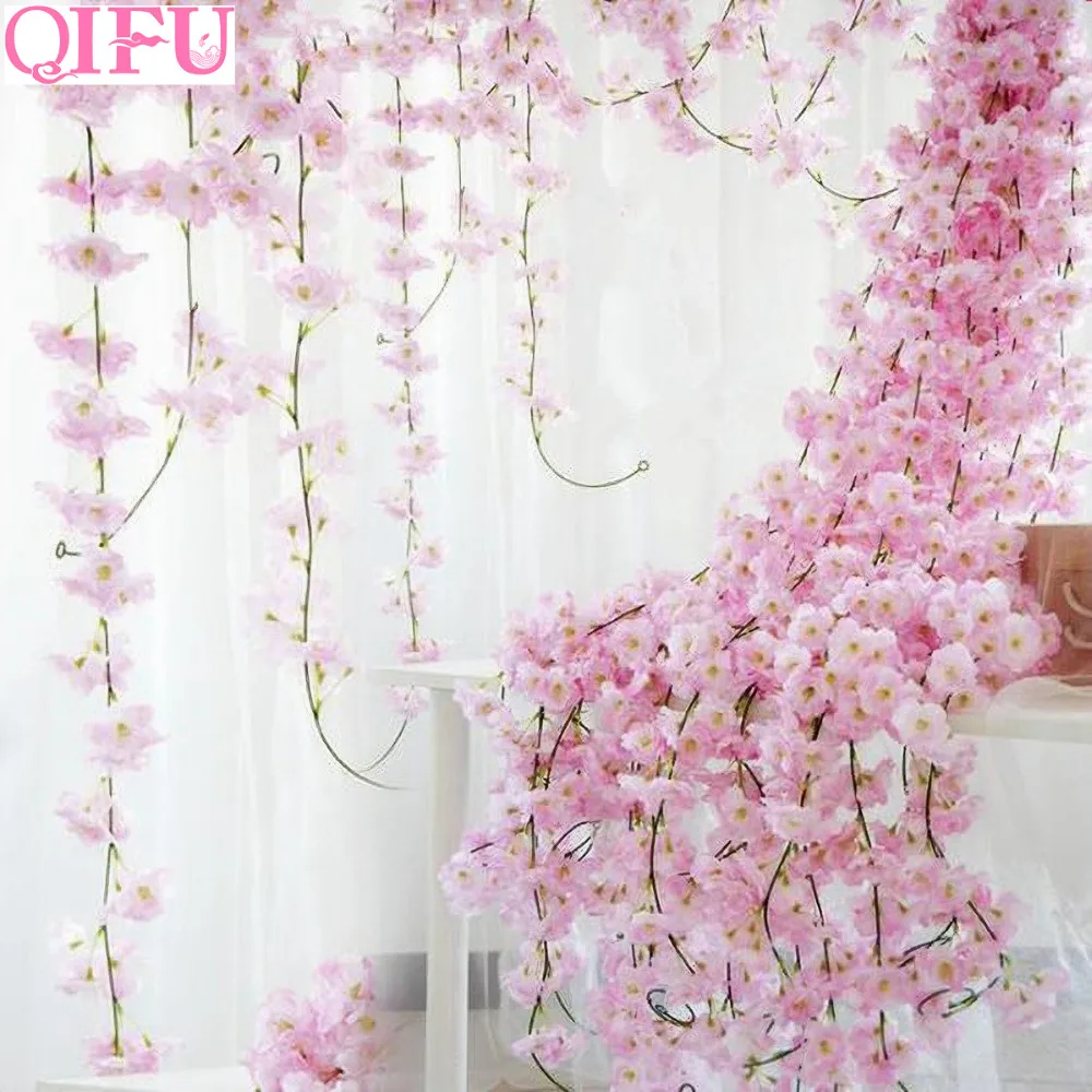 QIFU 200 см Сакура вишня Цветущая лоза из ротанга искусственные цветы Шелковые