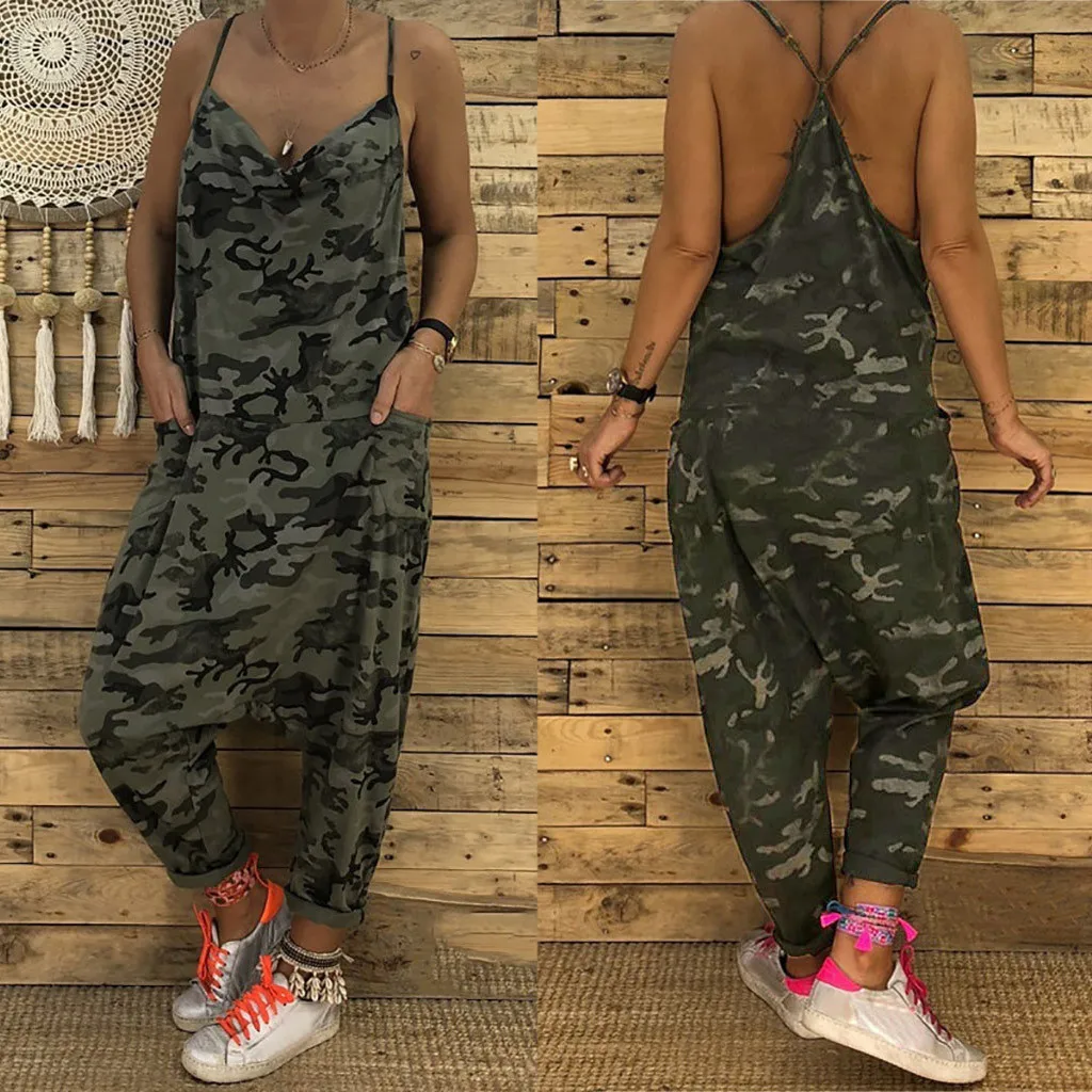 Женский камуфляжный комбинезон с принтом Свободный v образным вырезом