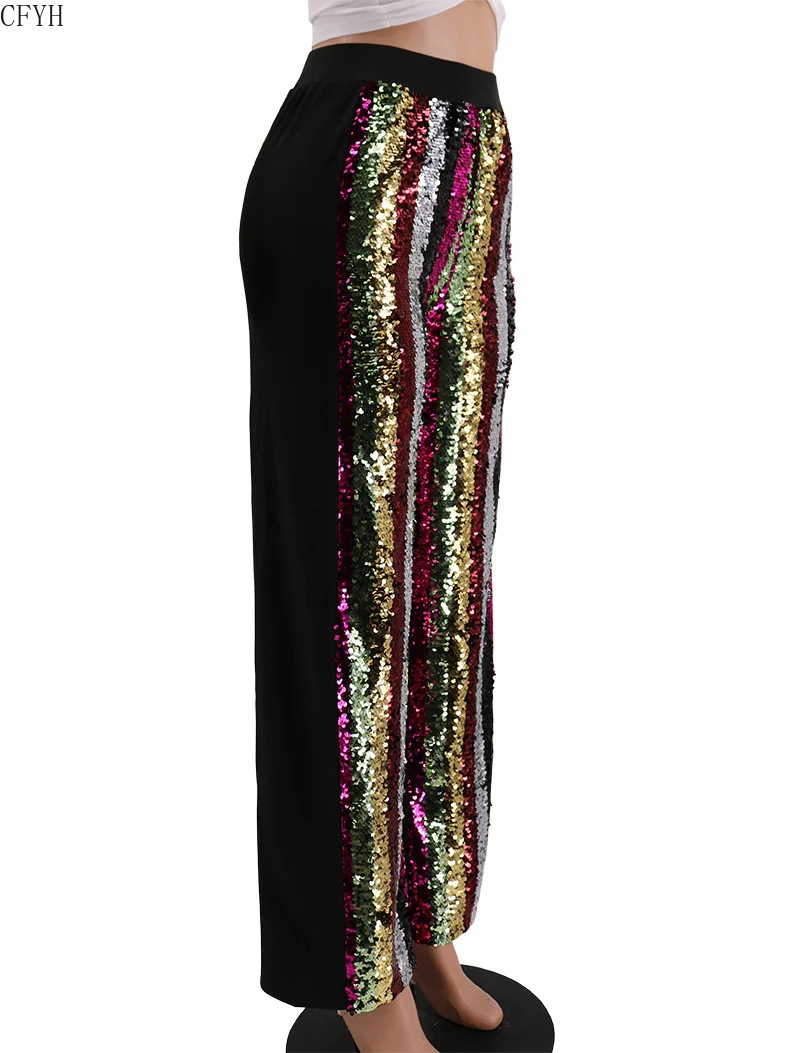 

Women Sexy Sequinded Stripes Patchwork Straight High Waist Red Black Hip Hop Pants Fashion Long Trousers