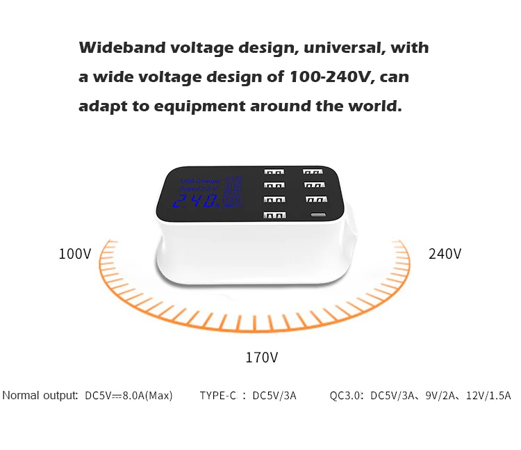 QC3.0 type-c Быстрая зарядка Интеллектуальный цифровой дисплей 7USB+ 1TYPE-C многопортовое USB зарядное устройство для мобильного телефона