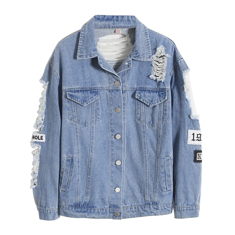 Модные потертые с длинным рукавом Письмо печати Patch Denim Jacket Для женщин рваные