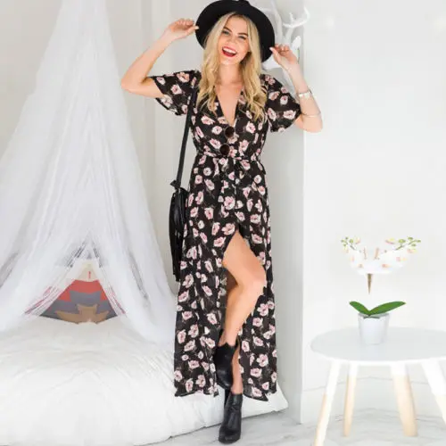 Для женщин леди Boho Цветочные длиной макси платье v образным вырезом с длинным