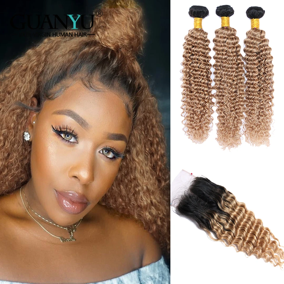Guanyuhair Ombre 1B/27 медовый блонд Culy пучки волос с закрытием Remy человеческие волосы