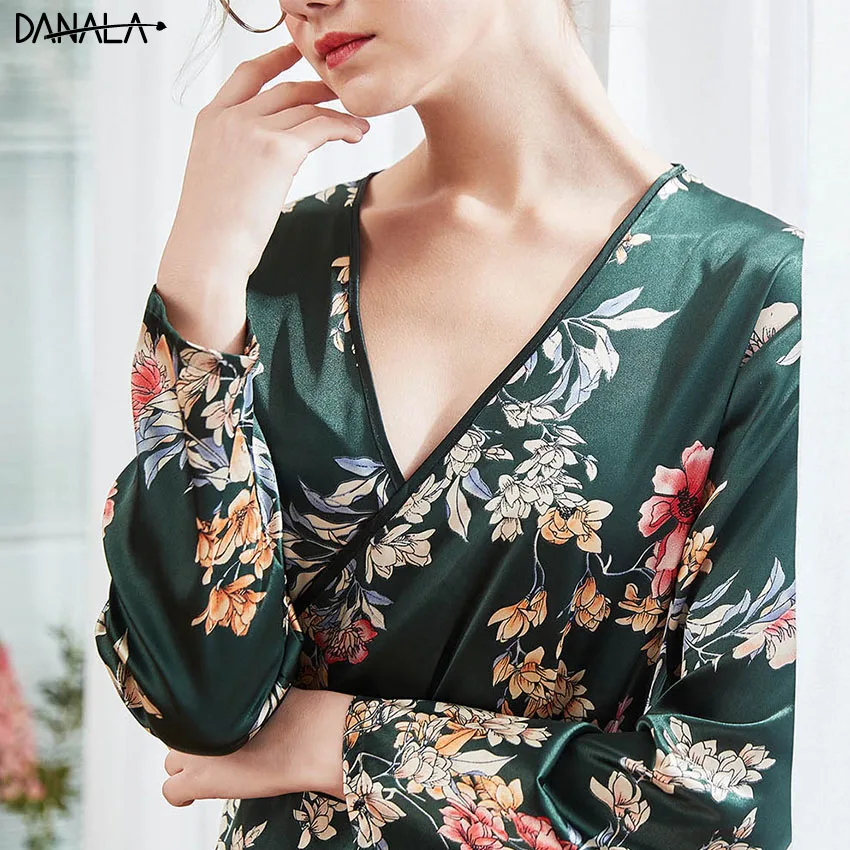 DANALA Женское ночное белье халаты кимоно осень длинный рукав цветочный принт