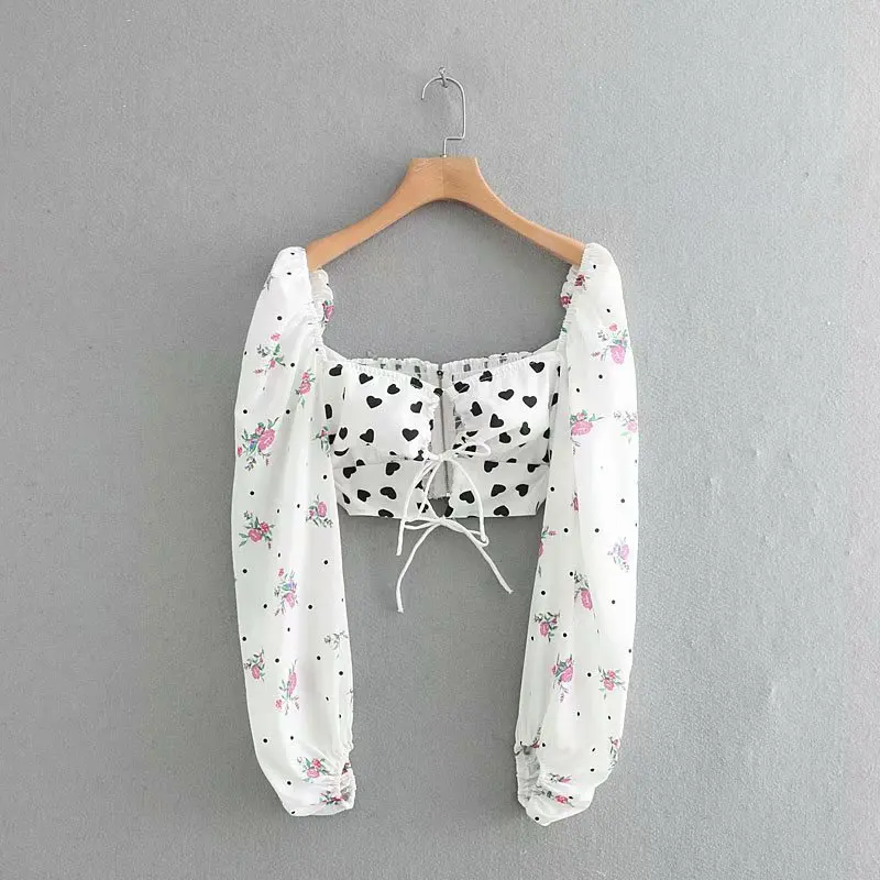 Винтажный кроп топ на шнурках с принтом в виде сердца и цветочным соблазнительная Женская одежда Короткие