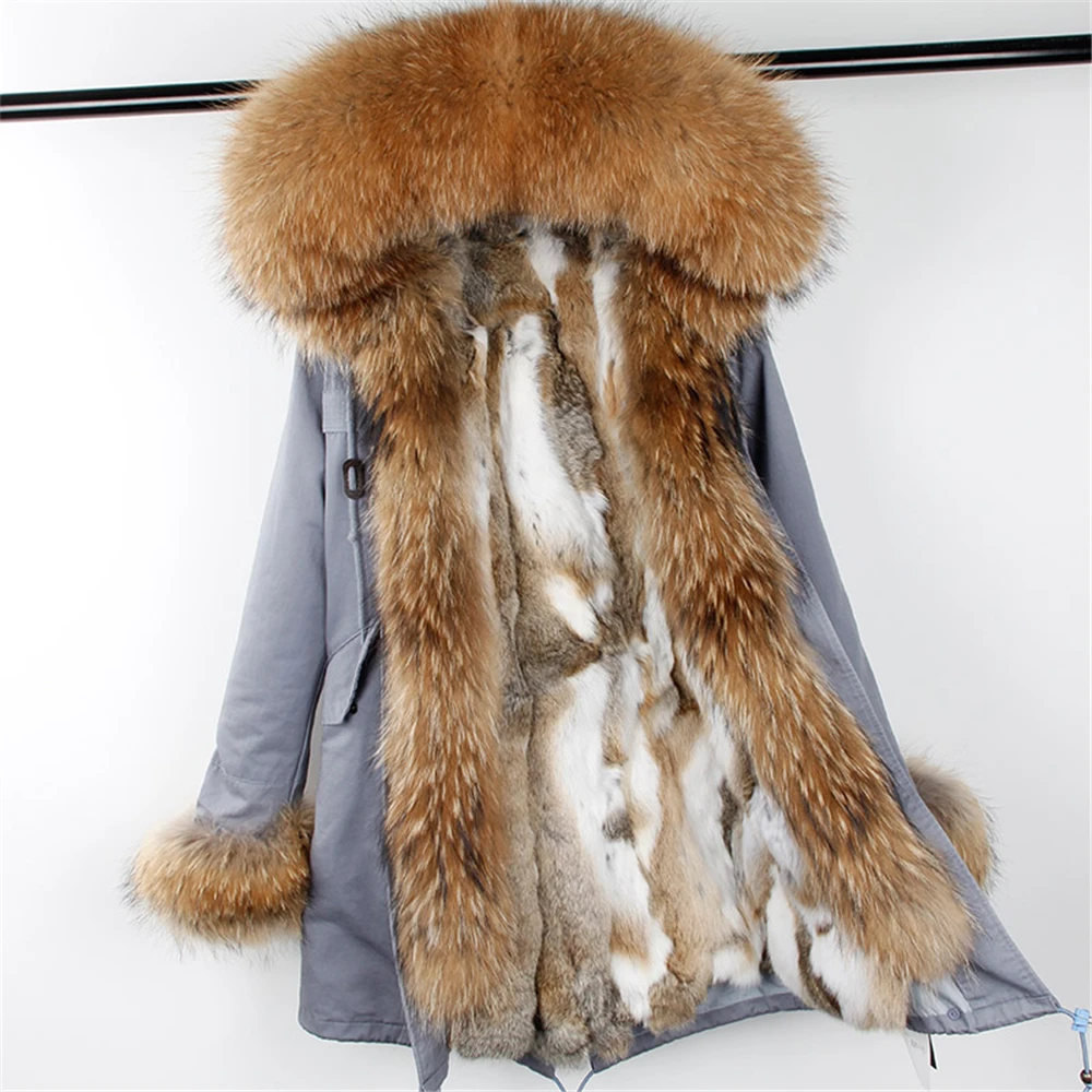 

2022 new fashion winter woman coat parkas large raccoon fur collar hooded detachable rex rabbit fur lining Removable sleeves fur