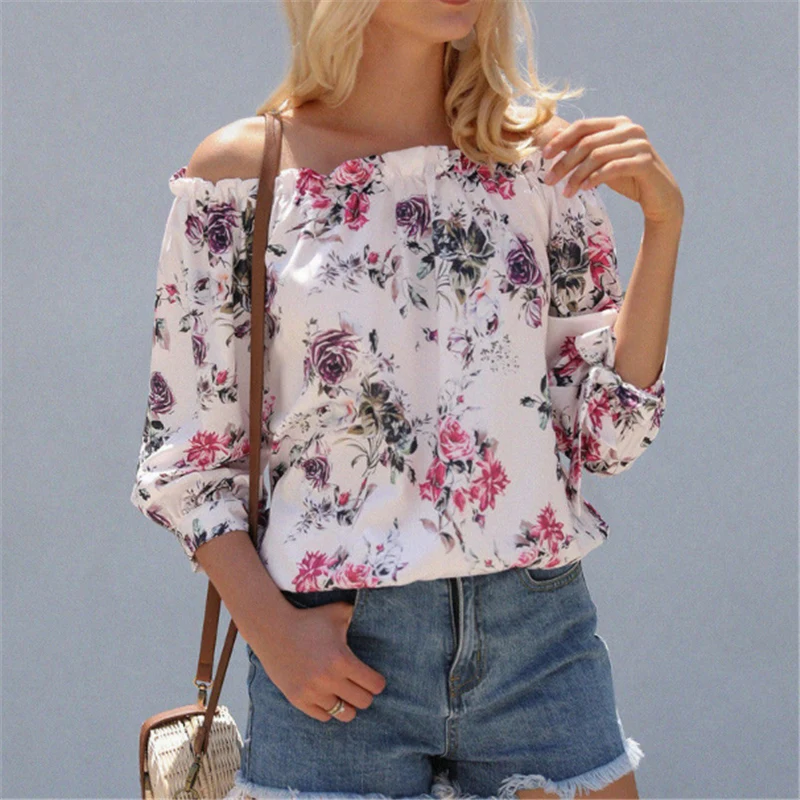 Women Off Shoulder elegant Floral Shirt Casual Blouse Tops Fashion Summer Top Long Sleeve Shirt Harajuku Printed Blusa Feminina