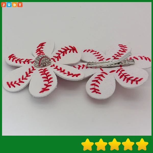 New Arrival Softball Flower clips Leather Seamed Bows With Rhinestone Clip Pin Baseball | Спорт и развлечения