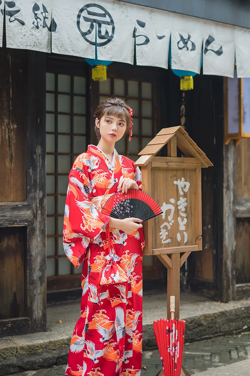 Женское японское кимоно красного цвета с принтом журавля Yuaka Robe, одежда для косплея, одежда для выступлений на сцене/фотосъемки