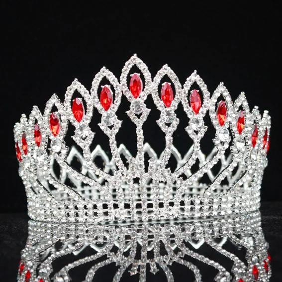 Silver Red Роскошный сверкающий кристалл барокко Королева Король свадебная тиара Корона театрализованный диадема на выпускной вечер головной убор Свадебные украшения для волос аксессуары - Окраска металла: Silver Red
