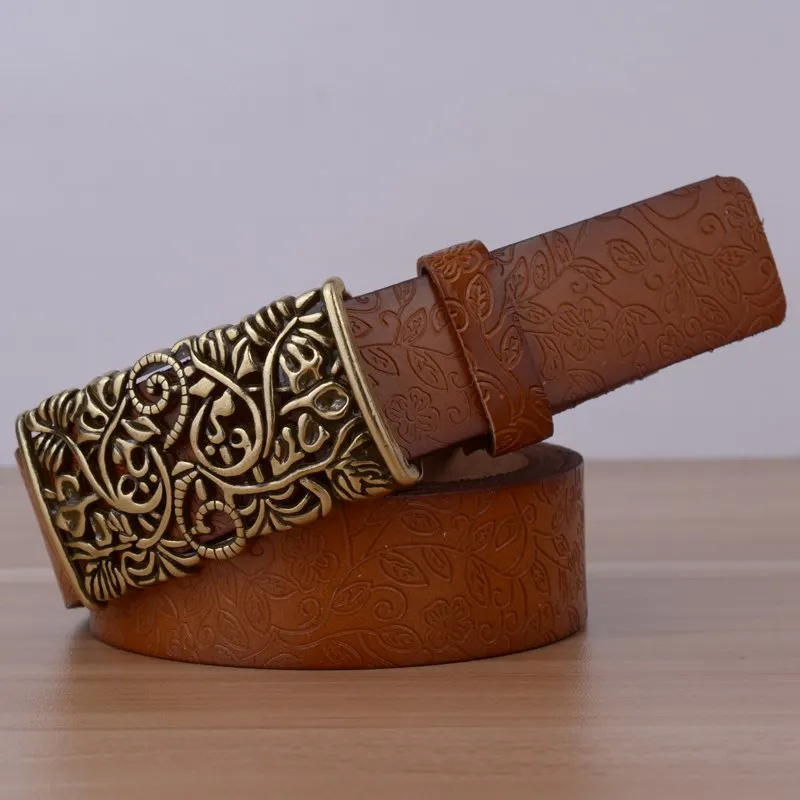 Широкий винтажный ремень из натуральной кожи женский коровьей с цветочным