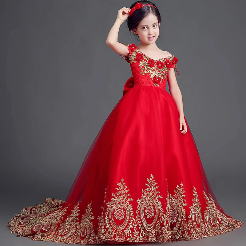 Princess Girls Dresses 2017 New Embroidery Mullet dress Red Dress With Bow Shoulderless Evening Floral JF63 | Детская одежда и