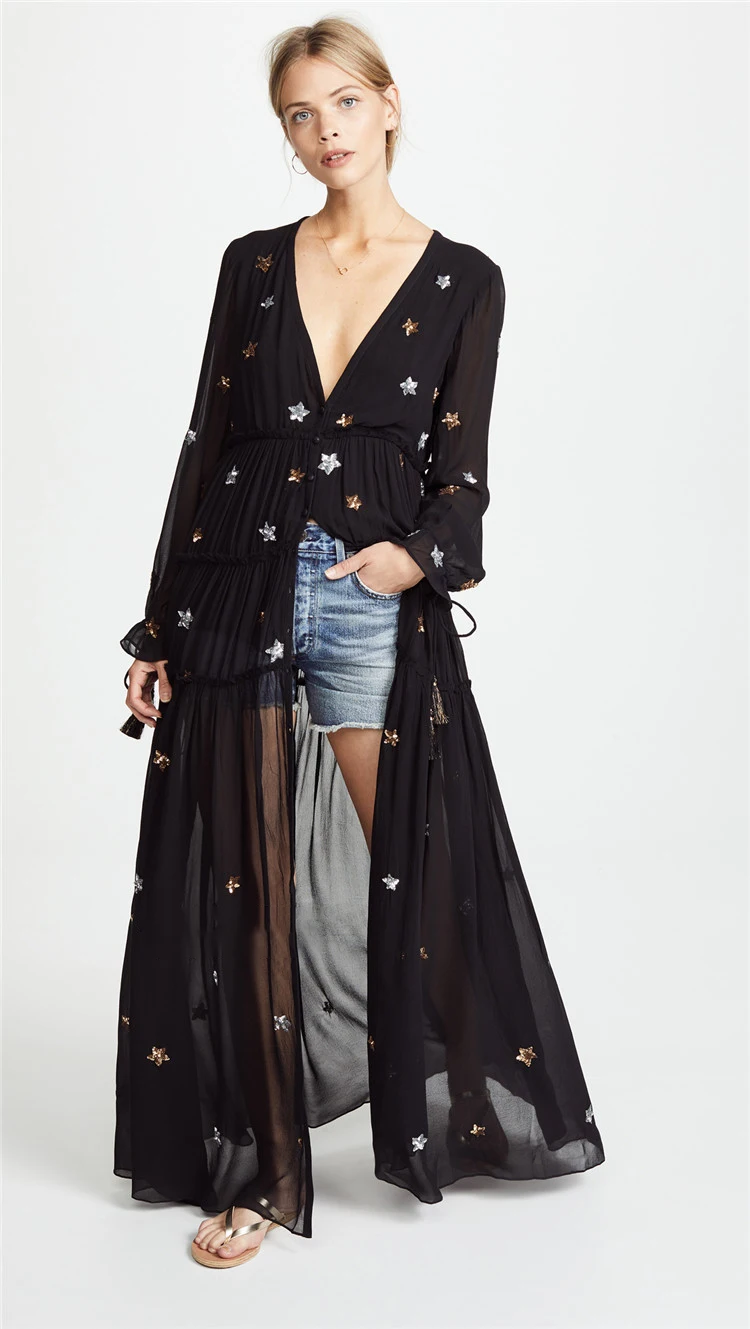 Женское длинное платье в стиле бохо свободное праздничное с вышивкой виде звезд