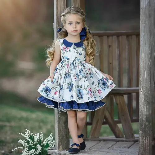 New Princess Girl Flower Tutu Dress Kid Baby Sleeveless Lace Navy Floral Wedding Party Children Summer Sundress | Детская одежда и