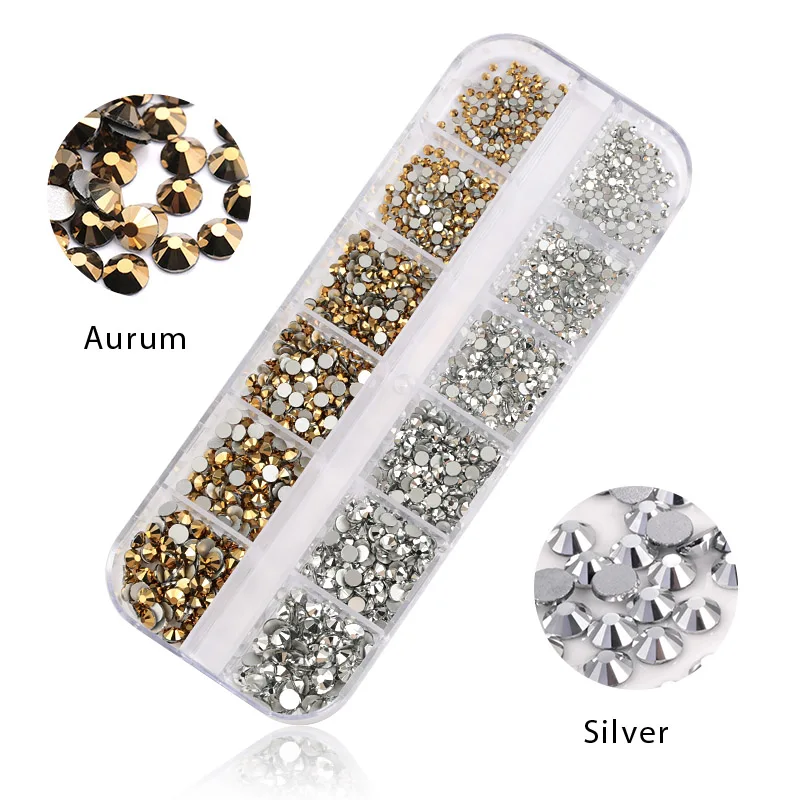 Aurum-Silver 1440 шт многоразмерные стеклянные стразы кристалл страз перегородка смешанный размер DIY Маникюр 3D ногти искусство стразы украшения - Цвет: Aurum-Silver
