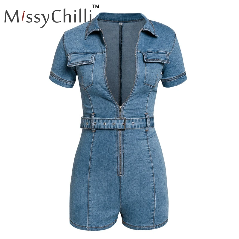 Женский джинсовый комбинезон MissyChilli на молнии с ремнем для офиса лето 2019 | Женская