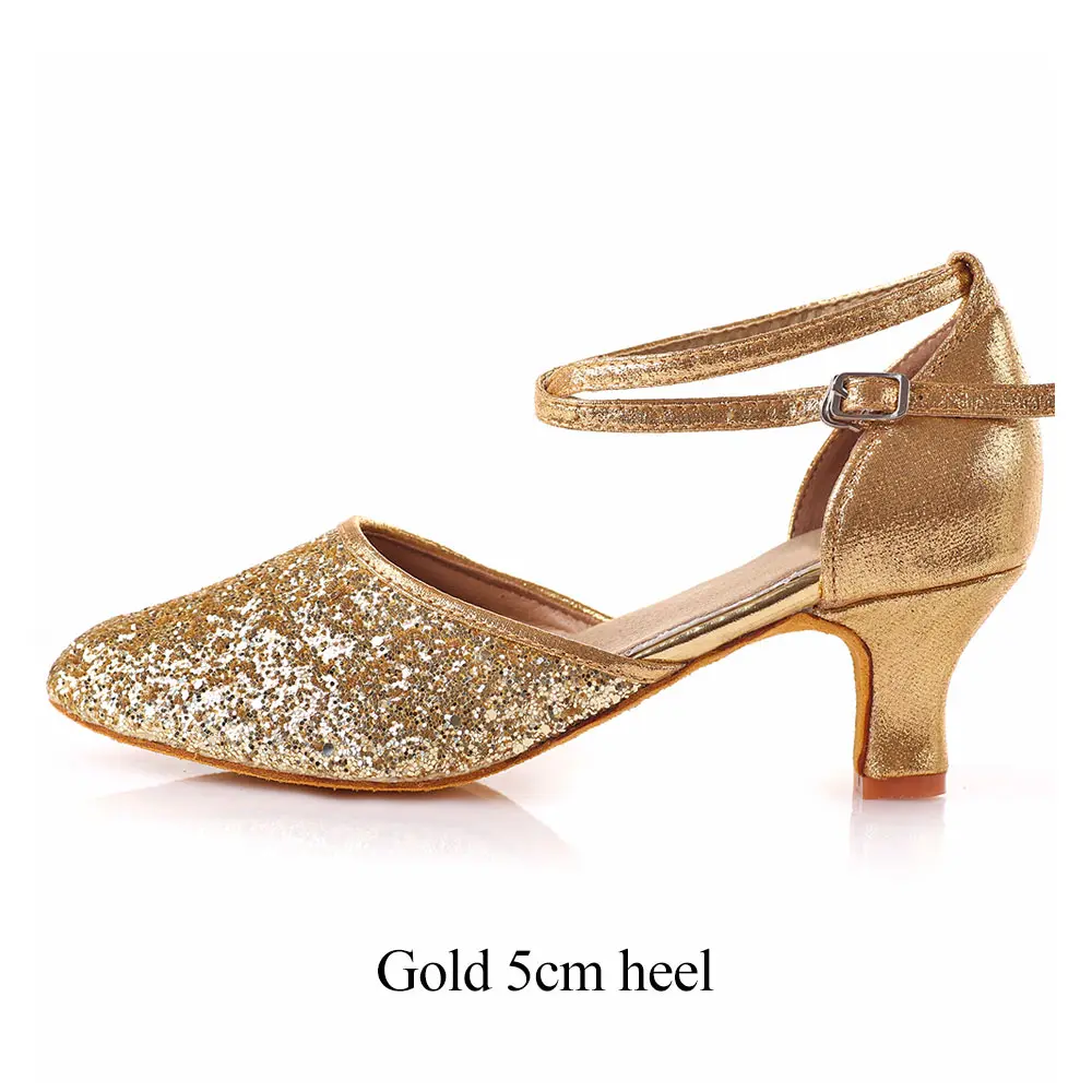 Gold 5cm heel Женская танцевальная обувь с закрытым носком для латинских танцев/Танго, на высоком каблуке 5/7 см, для женщин/девочек, для бальных танцев, сальса, Современная обувь для выступлений, мягкая подошва - Цвет: Gold 5cm heel
