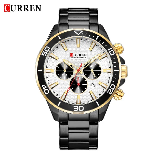black white gold Curren Мужские часы от ведущего бренда, Роскошные Кварцевые военные часы из нержавеющей стали, наручные мужские часы с хронографом, наручные часы с датой 8309 - Цвет: black white gold
