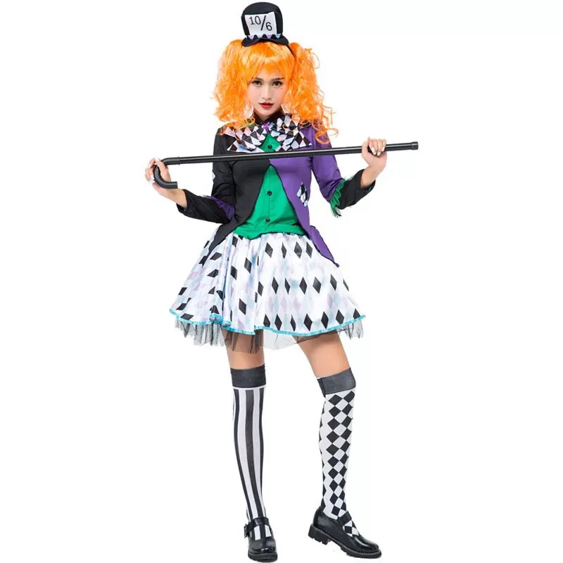 Для взрослых женщин Хэллоуин Mad Hatter Алиса клоун цирк костюм Необычные Cos короткое платье-пачка шуточная одежда для подростков горячие девушки
