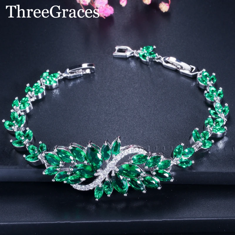 ThreeGraces Роскошный зеленый 925 Серебряный Большой маркиз кубического циркония браслеты CZ ювелирные изделия для женщин Свадебные BR075