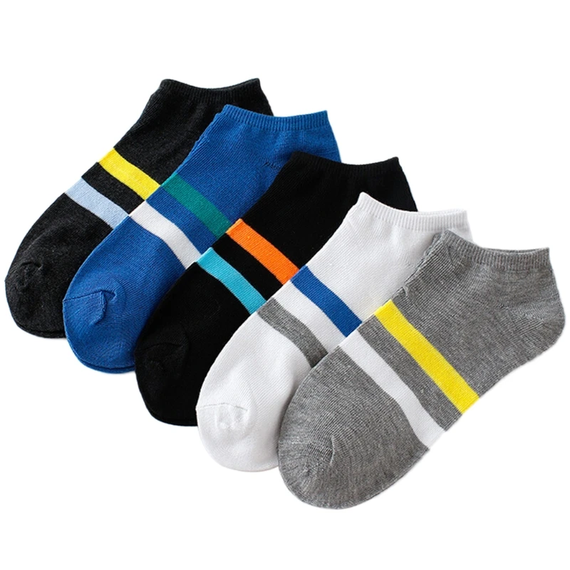 

5 Pairs Men Boys Short Ankle Socks Striped Polyester Elastic Breathable Casual