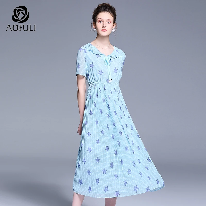 Женское плиссированное платье AOFULI Boho синее средней длины с коротким рукавом и