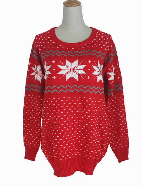 Женский свитер со снежинками черный/красный свободный Повседневный с круглым