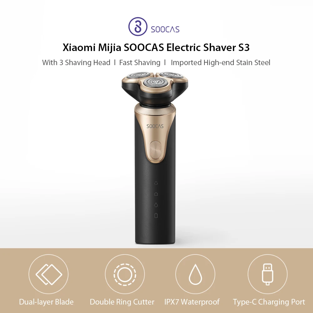 Xiaomi Mijia SOOCAS S3 электробритва для мужчин, 3 режущие головки для сухого влажного бритья, Беспроводная USB перезаряжаемая Водонепроницаемая бритва