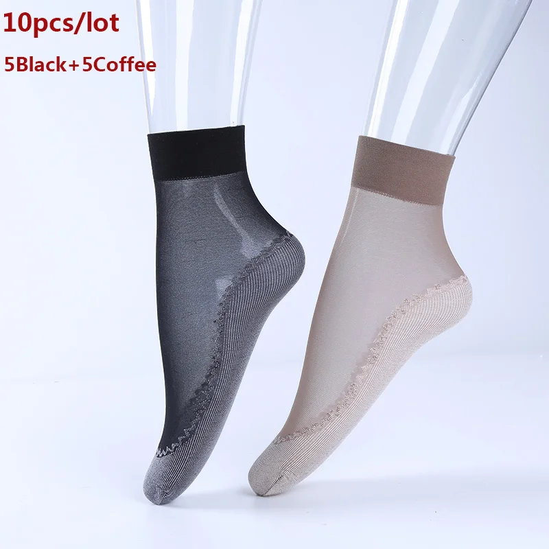 5Black 5Coffee LANGSHA/10 пар/компл. носки для Для женщин летние ультратонкие нейлоновые прозрачные с украшением в виде кристаллов эластичные шелковые короткие носки тонкие Для женщин носки - Цвет: 5Black 5Coffee