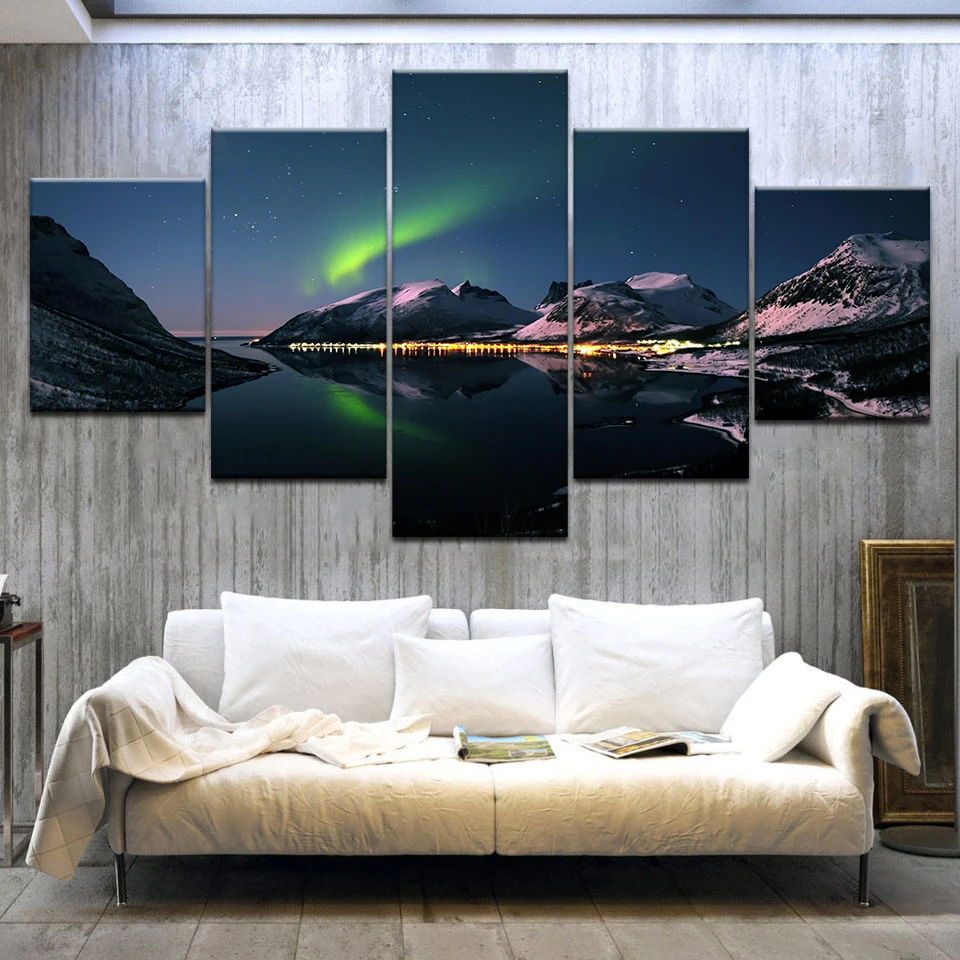 5 панелей HD печать снег гора Аврора borealis Ночной пейзаж на холсте художественная