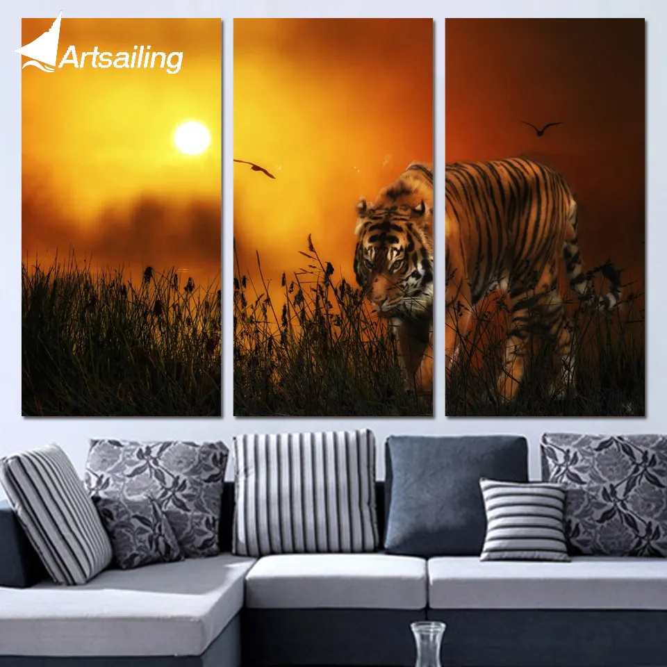 

3 панели холст искусство тигр Охота земля закат домашний декор настенная живопись холст печать картины для гостиной постер XA1171B