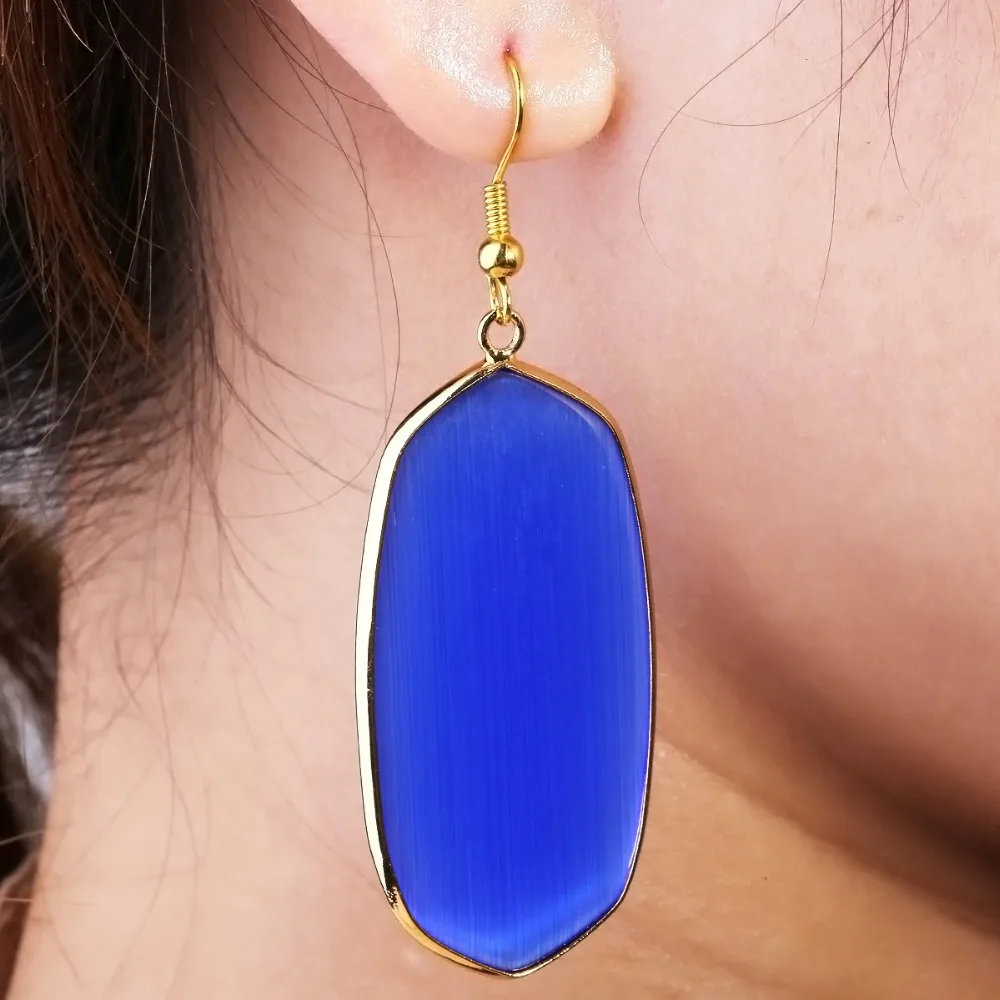 

TUMBEELLUWA Blue Cat's Eye Stone Oval Dangle Drop Hook Earrings For Women